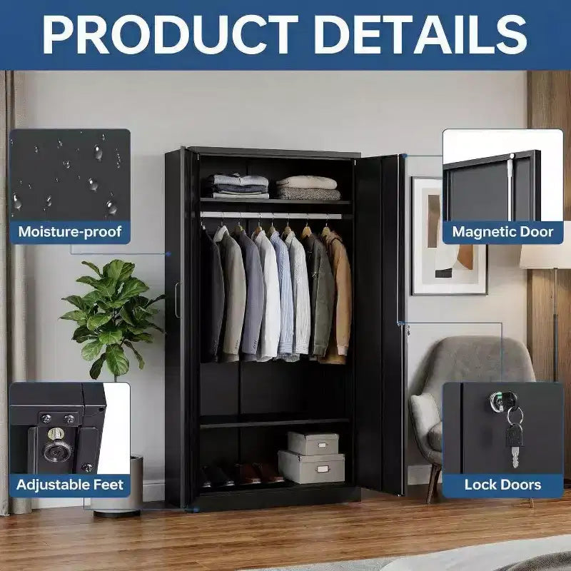 183 cm hoher Kleiderschrank mit Schloss, schwarze Metall-Garageschränke mit verstellbaren Regalböden und Kleiderstange, Metallschrank zur Aufbewahrung für Zuhause und Schlafzimmer