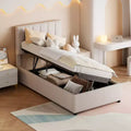Letto contenitore rialzabile singolo Bellemave, letto a piattaforma imbottito con sistema di contenimento idraulico, testiera a righe verticali, beige
