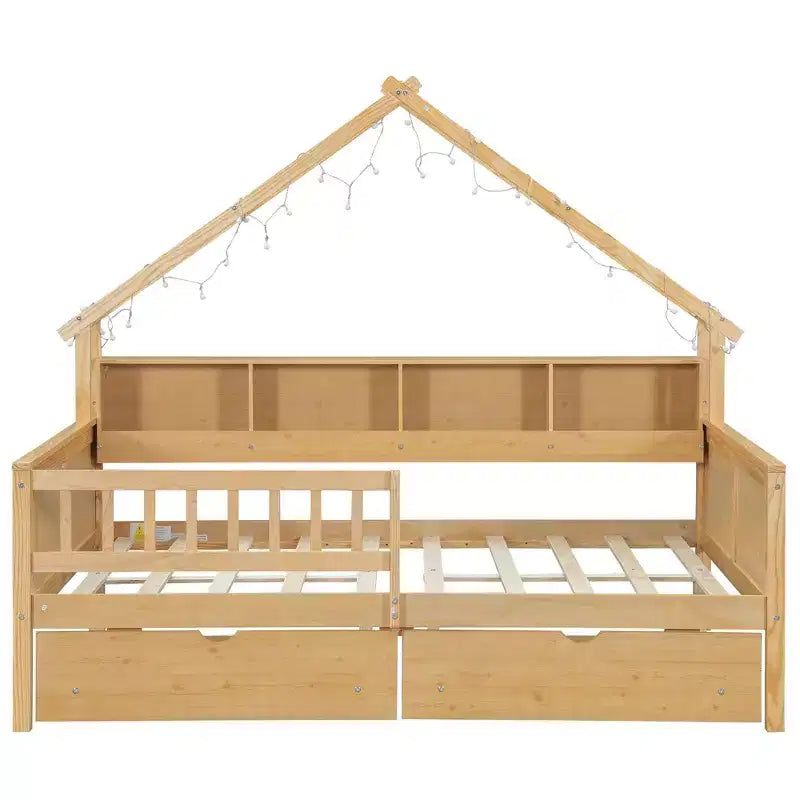 Estructura de cama tipo casita de tamaño completo con cajones, cama plataforma tipo casita con luces LED, estantes y cajones de almacenamiento, diván de madera con techo y barandilla