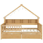 Estructura de cama tipo casita de tamaño completo con cajones, cama plataforma tipo casita con luces LED, estantes y cajones de almacenamiento, diván de madera con techo y barandilla