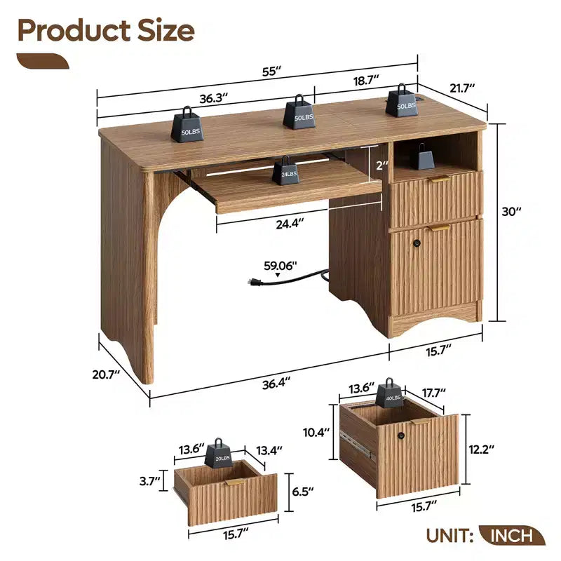 Scrivania per computer Bestier 55 Smart, scrivania da lavoro in rovere con cassetti portadocumenti e presa di corrente, scrivania direzionale da ufficio con spazio aperto e vassoio per tastiera