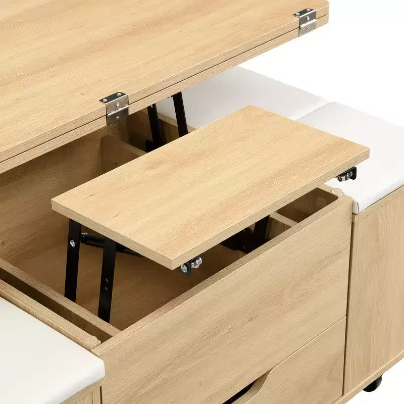Multifunctionele moderne salontafel met hefbaar blad en verborgen opbergruimte, 4 krukken en zwenkwielen, perfect voor moderne woonruimtes