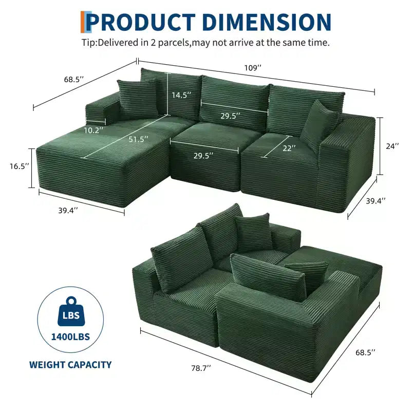 Sofá moderno 108, sofá tapizado de 3 plazas en forma de L con cojines, asiento profundo, no requiere montaje