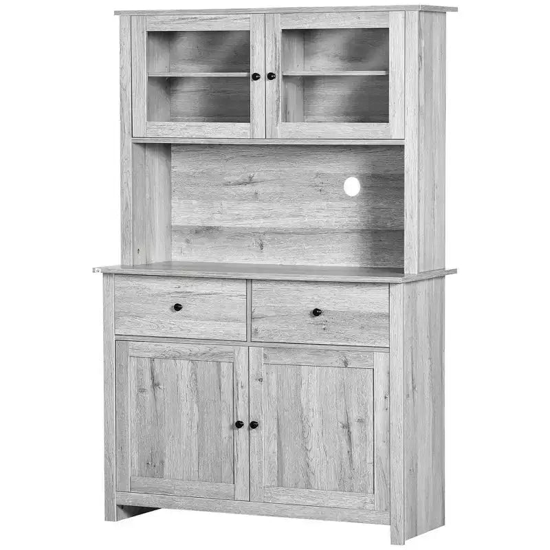 Credenza da cucina HOMCOM da 63,5" con alzata, mobile dispensa con 4 ripiani, cassetti, ante in vetro con cornice, piano aperto per microonde
