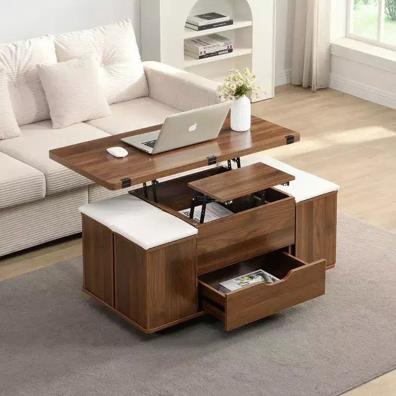 Multifunctionele moderne salontafel met hefbaar blad en verborgen opbergruimte, 4 krukken en zwenkwielen, perfect voor moderne woonruimtes