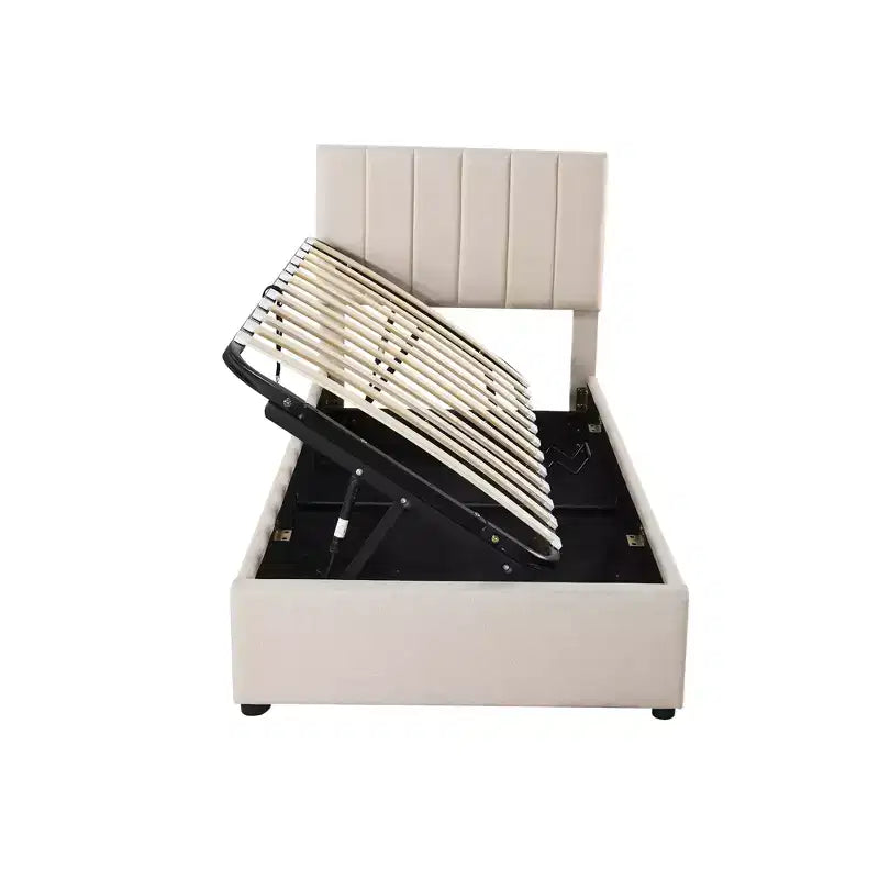 Letto contenitore rialzabile singolo Bellemave, letto a piattaforma imbottito con sistema di contenimento idraulico, testiera a righe verticali, beige