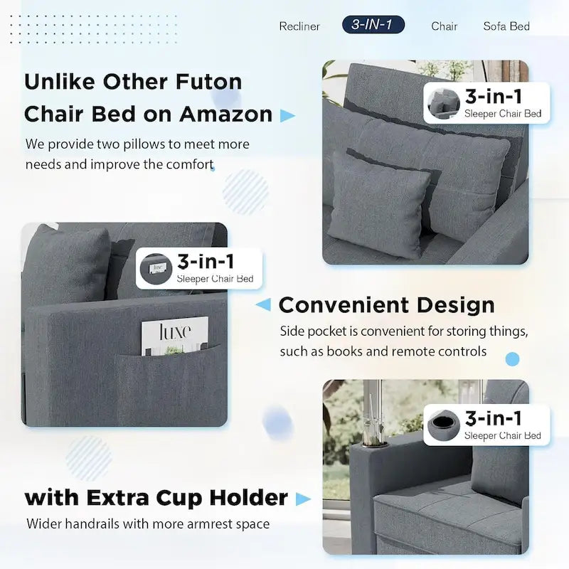 Poltrona letto regolabile, trasformabile 3-in-1, disponibile in più colori, per 1 persona