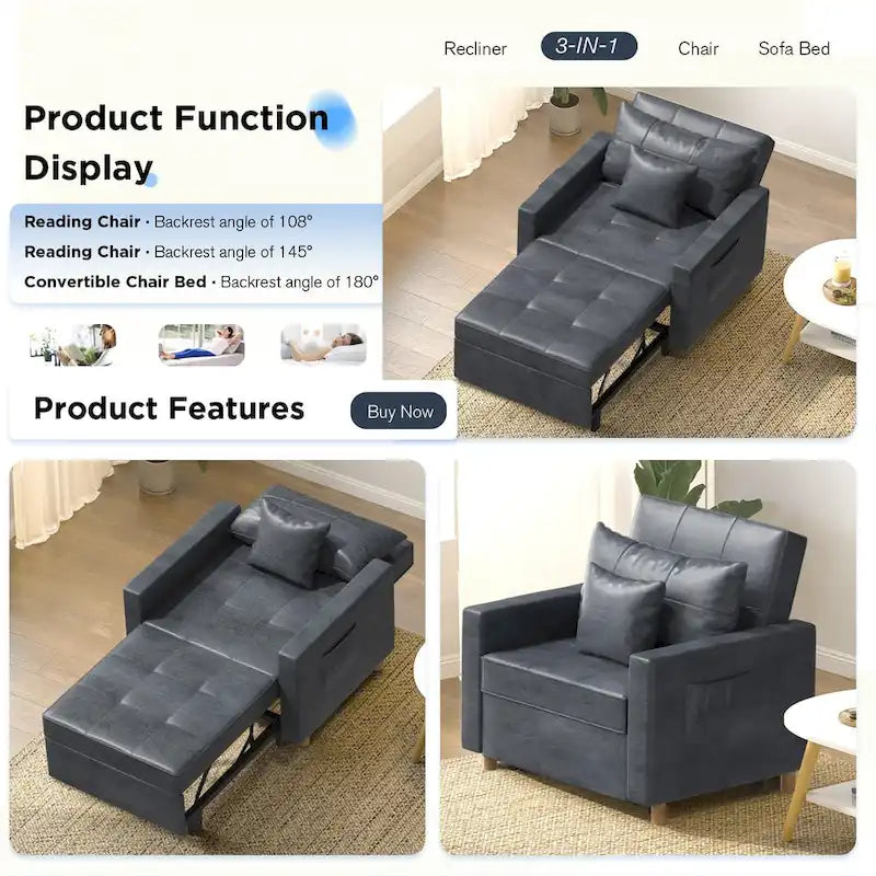 Poltrona letto regolabile, trasformabile 3-in-1, disponibile in più colori, per 1 persona