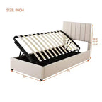 Letto contenitore rialzabile singolo Bellemave, letto a piattaforma imbottito con sistema di contenimento idraulico, testiera a righe verticali, beige