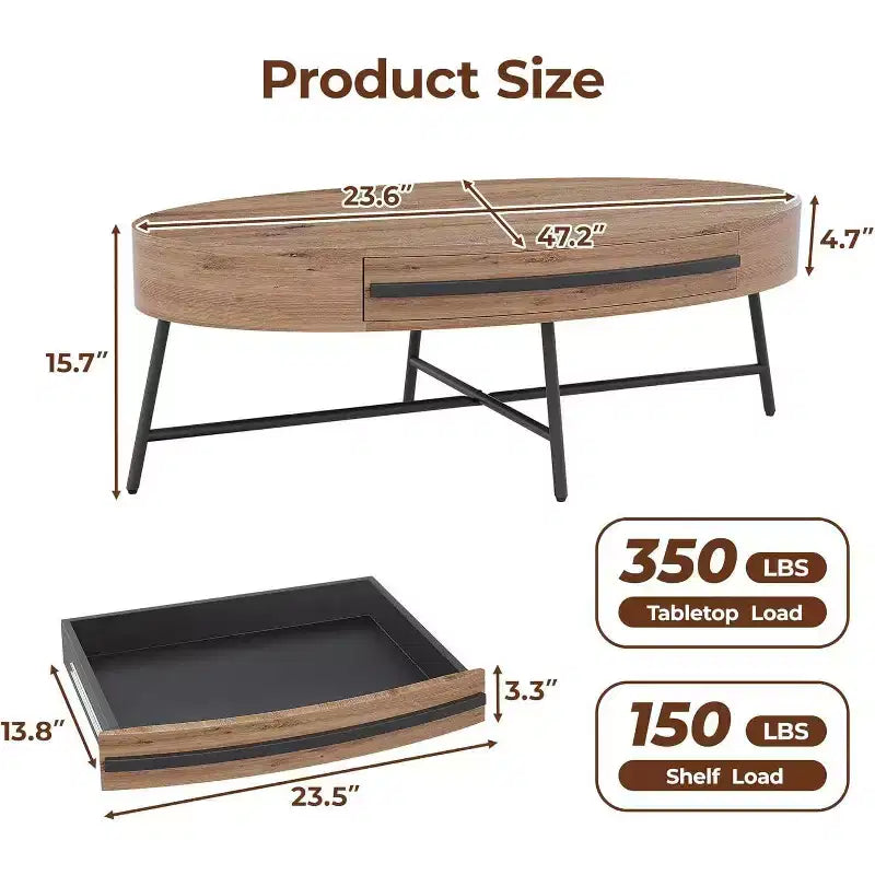 Tavolino da caffè ovale Acekool con cassetto, tavolo contenitore in legno da 47.2 con gambe incrociate in metallo, tavolino centrale moderno di metà secolo in finitura naturale e salice dorato