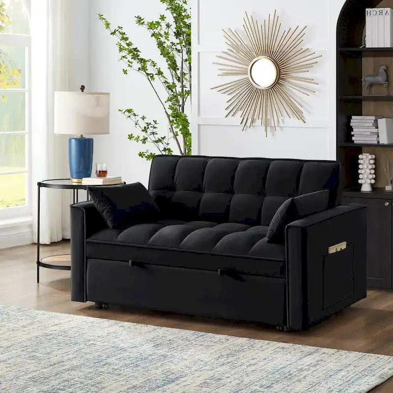 Divano letto loveseat 4 in 1 con braccioli e tasche portaoggetti, divano letto estraibile trapuntato multifunzione con schienale regolabile