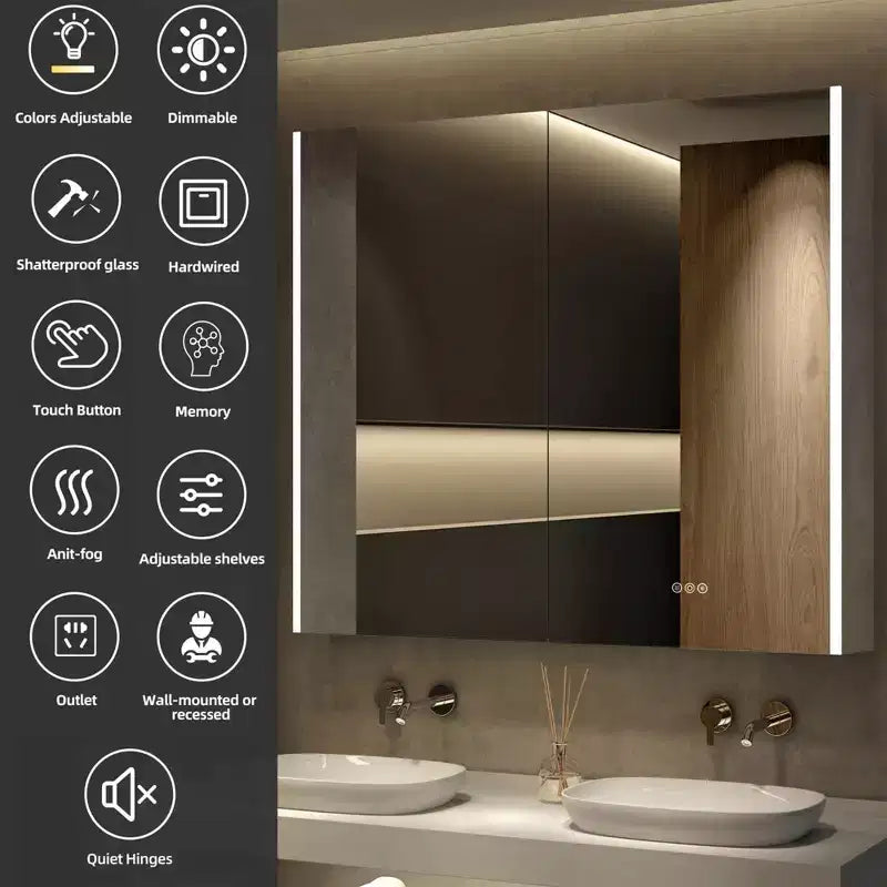 Pensile a specchio a LED con luci – Montaggio a incasso/parete, anti-appannamento, dimmerabile
