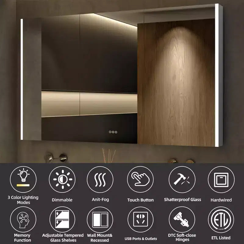 Pensile a specchio a LED con luci – Montaggio a incasso/parete, anti-appannamento, dimmerabile
