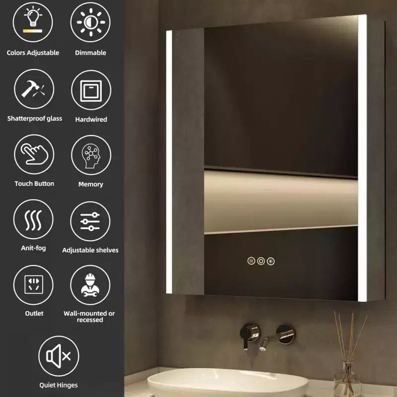Pensile a specchio a LED con luci – Montaggio a incasso/parete, anti-appannamento, dimmerabile