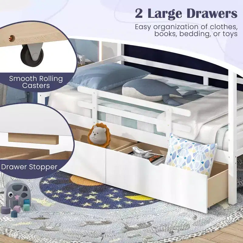 Casa da gioco Twin House – Letto a soppalco basso in pino massiccio con tenda e 2 cassetti portaoggetti