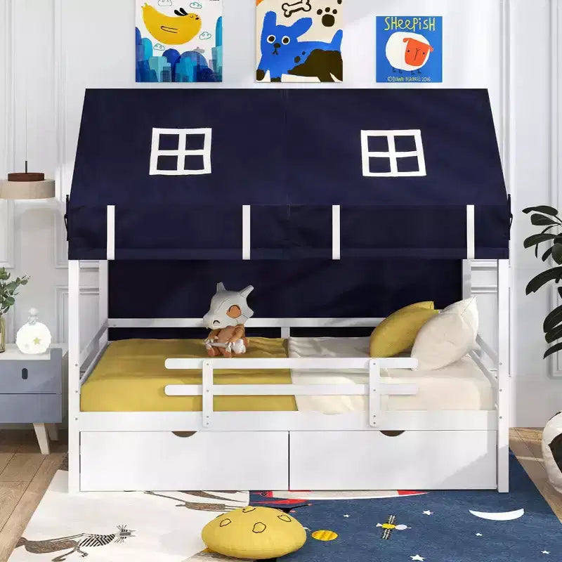 Casa da gioco Twin House – Letto a soppalco basso in pino massiccio con tenda e 2 cassetti portaoggetti