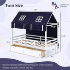 Casa da gioco Twin House – Letto a soppalco basso in pino massiccio con tenda e 2 cassetti portaoggetti