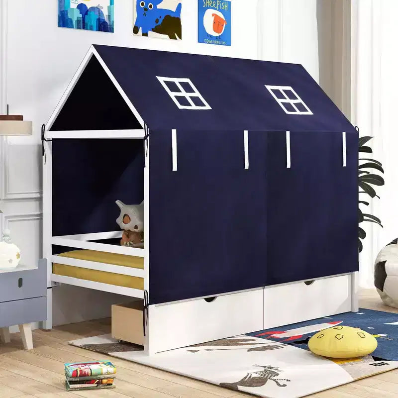 Casa da gioco Twin House – Letto a soppalco basso in pino massiccio con tenda e 2 cassetti portaoggetti