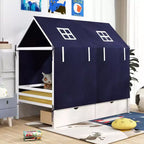 Casa da gioco Twin House – Letto a soppalco basso in pino massiccio con tenda e 2 cassetti portaoggetti