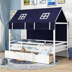 Casa da gioco Twin House – Letto a soppalco basso in pino massiccio con tenda e 2 cassetti portaoggetti