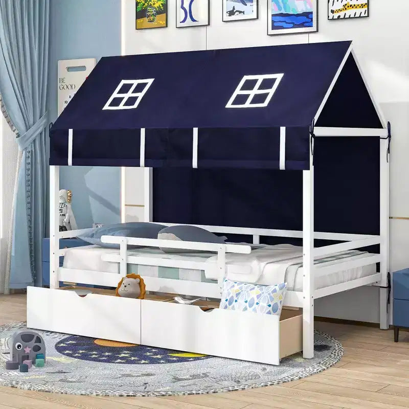 Casa da gioco Twin House – Letto a soppalco basso in pino massiccio con tenda e 2 cassetti portaoggetti