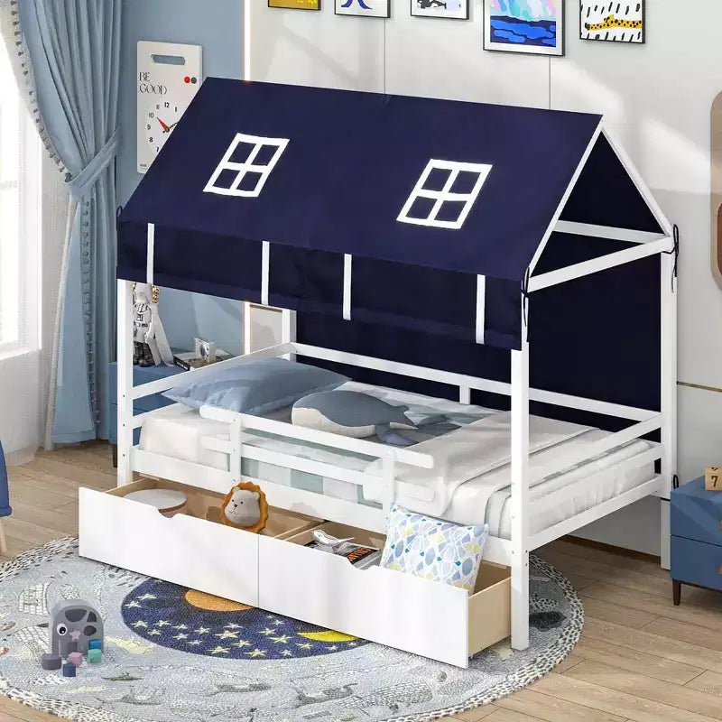 Casa da gioco Twin House – Letto a soppalco basso in pino massiccio con tenda e 2 cassetti portaoggetti