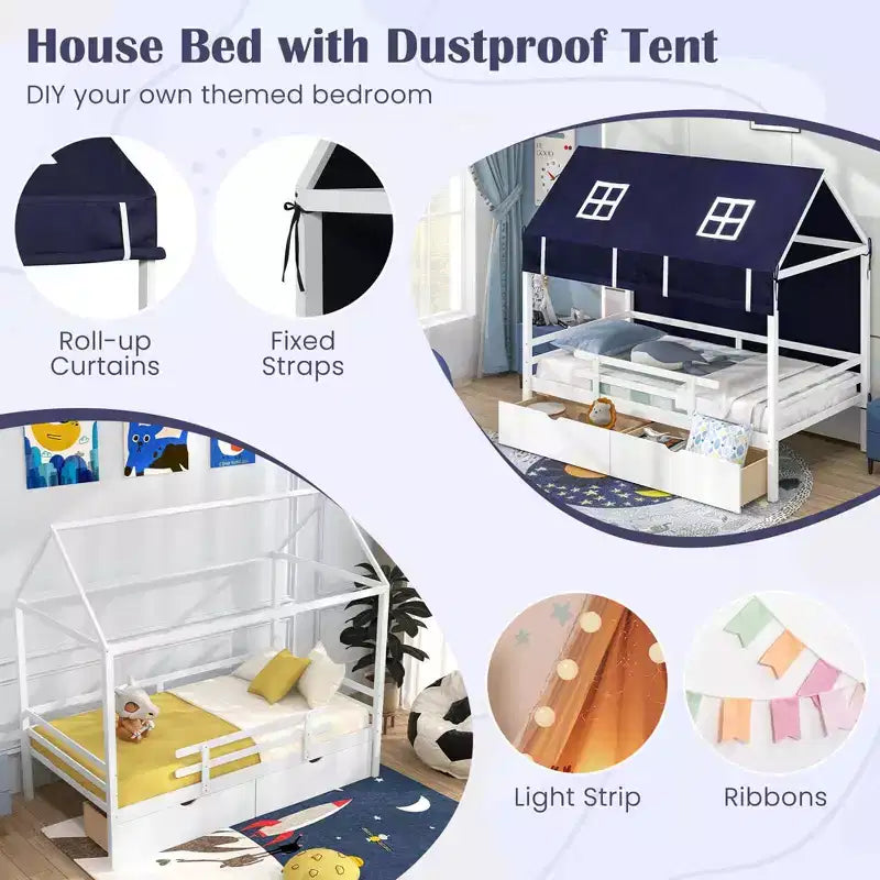 Casa da gioco Twin House – Letto a soppalco basso in pino massiccio con tenda e 2 cassetti portaoggetti
