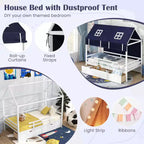 Casa da gioco Twin House – Letto a soppalco basso in pino massiccio con tenda e 2 cassetti portaoggetti