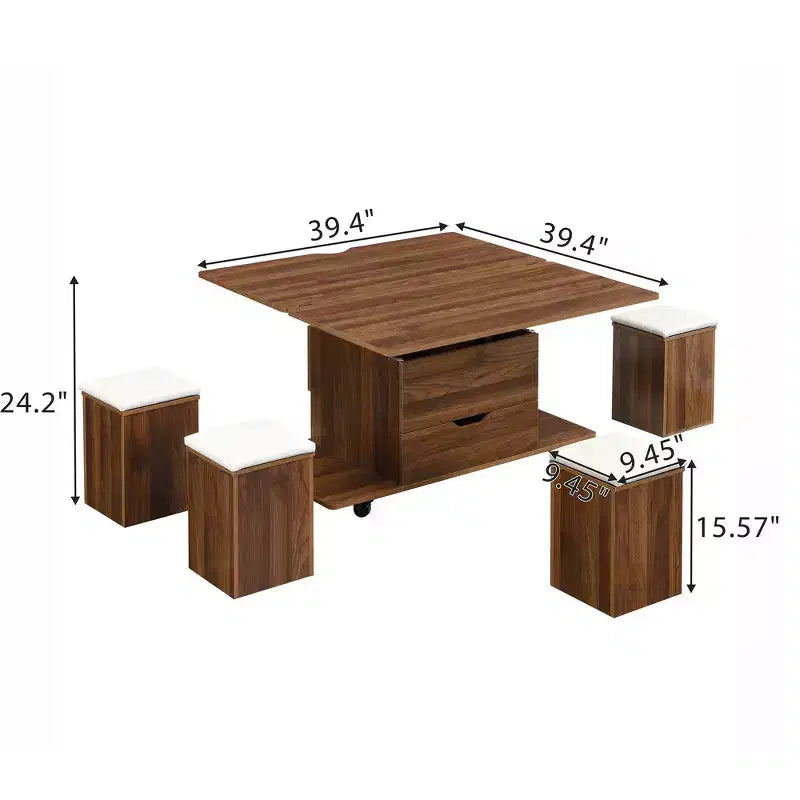 Multifunctionele moderne salontafel met hefbaar blad en verborgen opbergruimte, 4 krukken en zwenkwielen, perfect voor moderne woonruimtes