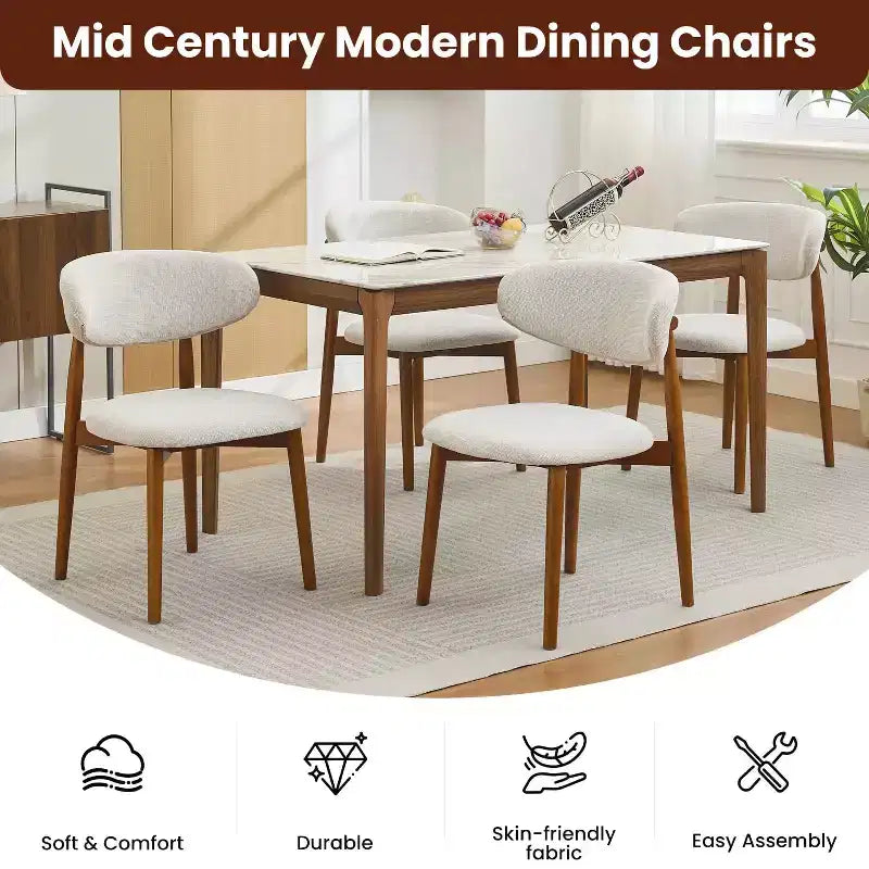 Juego de 4 sillas de comedor, sillas tapizadas modernas de mediados de siglo para el comedor, sillas de cocina estilo granja con asiento de tela acolchada y patas de madera, beige
