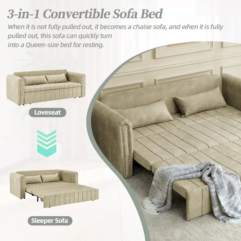 Divano letto lounge moderno trasformabile in velluto imbottito, con braccioli arrotolati decorati con borchie color rame