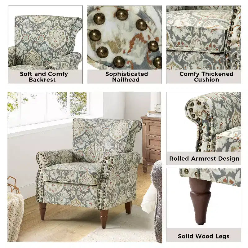 Araceli traditionele houten bloemenfauteuil met bekleding, hoge rugleuning en sierspijkerrand| ART OF LIVING DESIGNS