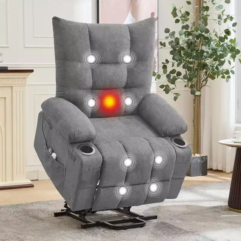 Aufstehsessel mit elektrischer Aufstehhilfe für Senioren, Massage und Wärme, extragroßer Massage- und Wärmesessel mit weich gepolstertem Bezug, Seitentasche und Getränkehaltern