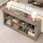 Libreria organizer con 8 scomparti, mobile orizzontale in stile rustico, libreria in legno da 62 pollici con vani portaoggetti per ingresso, libreria lunga e bassa per soggiorno