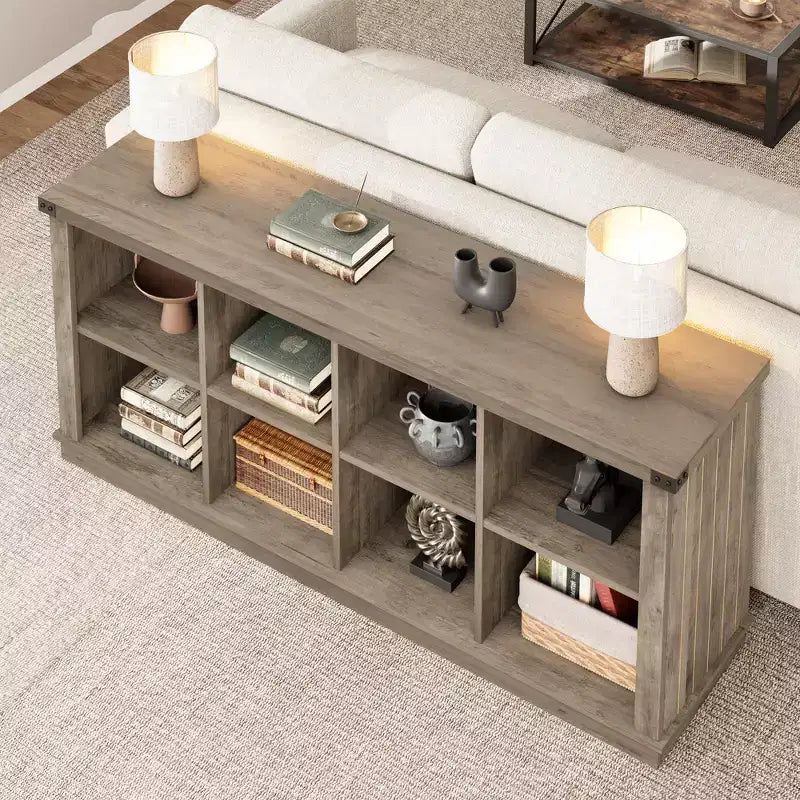 Libreria organizer con 8 scomparti, mobile orizzontale in stile rustico, libreria in legno da 62 pollici con vani portaoggetti per ingresso, libreria lunga e bassa per soggiorno