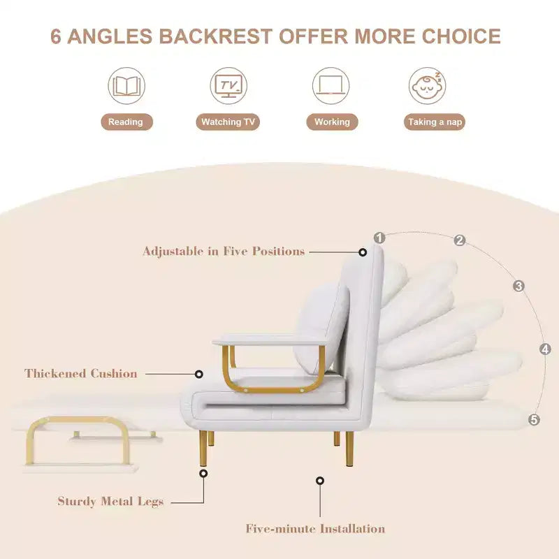 Divano letto pieghevole 3-in-1, poltrona trasformabile con schienale regolabile in 5 posizioni e cuscino, letto salvaspazio per soggiorno, camera da letto e ufficio (bianco)