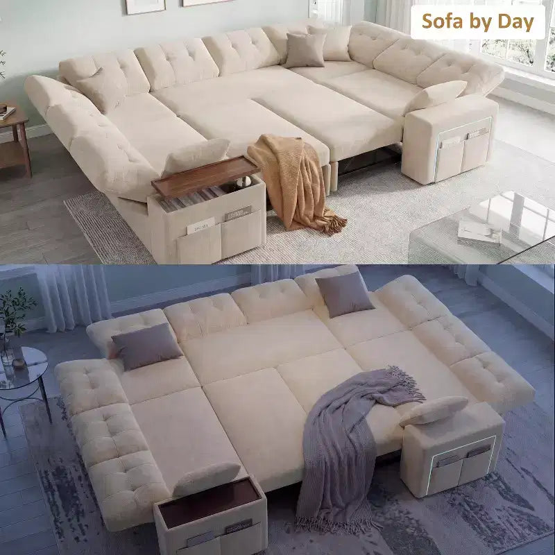 Divano componibile letto modulare Dyonery 112 con letto estraibile, divano componibile a U con contenitore, sedute extra larghe e profonde per il soggiorno