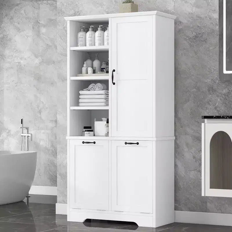 Mobiletto da bagno con ante e cassetti, portabiancheria ribaltabile, ampio spazio contenitivo, modello indipendente