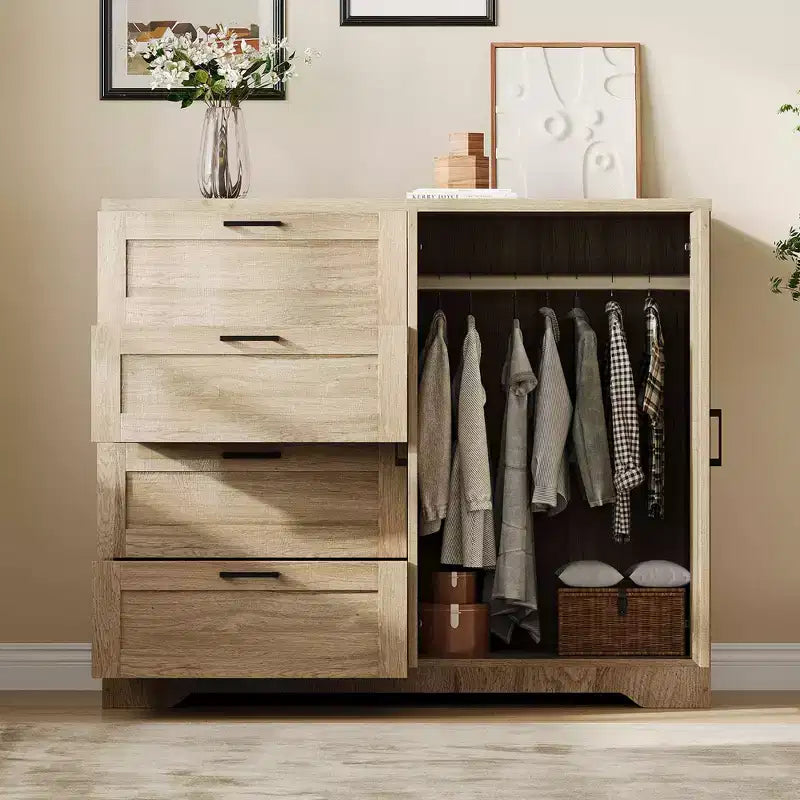 Armario ropero de madera de 43,3 pulgadas de alto con 4 cajones y barra para colgar, gabinete multifuncional de almacenamiento de ropa para dormitorio con cómoda