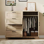 Armario ropero de madera de 43,3 pulgadas de alto con 4 cajones y barra para colgar, gabinete multifuncional de almacenamiento de ropa para dormitorio con cómoda