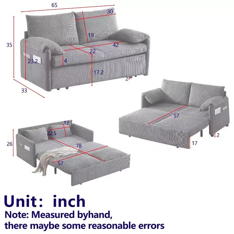 Divano letto in velluto a coste convertibile 3-in-1 da 64,5 con letto estraibile
