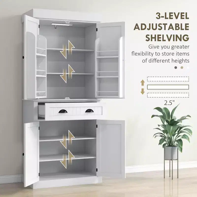 Credenza dispensa da cucina da 71 con luci LED, 6 ripiani sulle ante, un cassetto e 4 ripiani regolabili