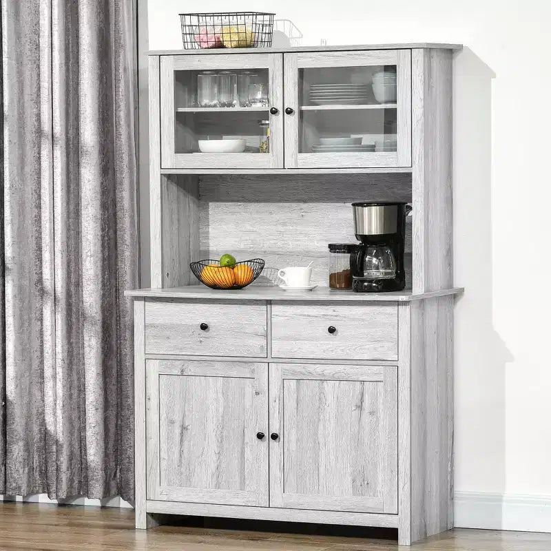 Credenza da cucina HOMCOM da 63,5" con alzata, mobile dispensa con 4 ripiani, cassetti, ante in vetro con cornice, piano aperto per microonde