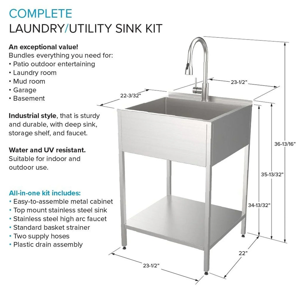 Lavatoio e supporto per lavatoio in acciaio inox, L 24 x P 22 x H 35 pollici
