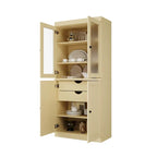 Armario despensa 100 % de madera maciza con puertas de vidrio esmerilado, puertas sólidas, 2 cajones y estantes ajustables