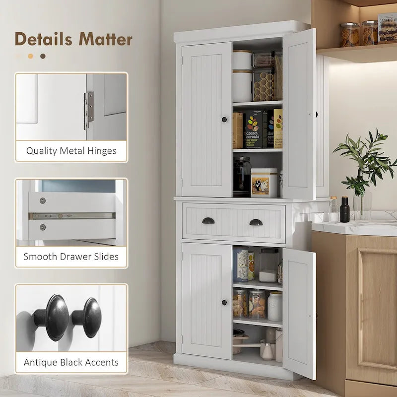 Dispensa da cucina da 72 pollici, mobile tradizionale indipendente con 4 ante e 3 ripiani regolabili, ampio cassetto centrale