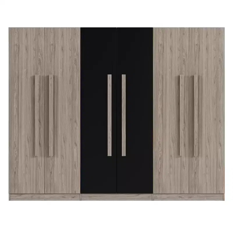 83W Kleiderschrank mit 6 Türen, 2 Schubladen, Kleiderstangen und Ablageböden, Schwarz/Natur – ModernLuxe