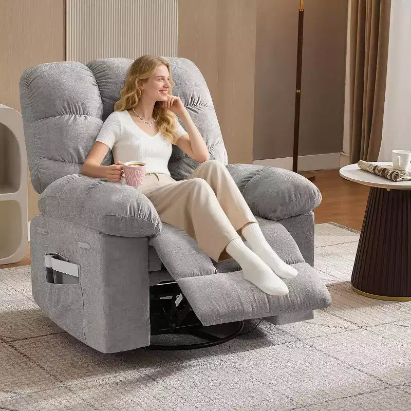 Massagestoel met warmtefunctie - 360° draaibare schommelstoel, extra brede eenpersoonsbank met vibratie, USB en opbergvakken voor woonkamer/slaapkamer
