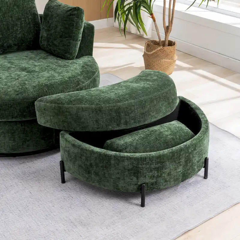 Sillón decorativo giratorio tapizado de 42.3W con 4 cojines y otomana de almacenamiento en forma de media luna