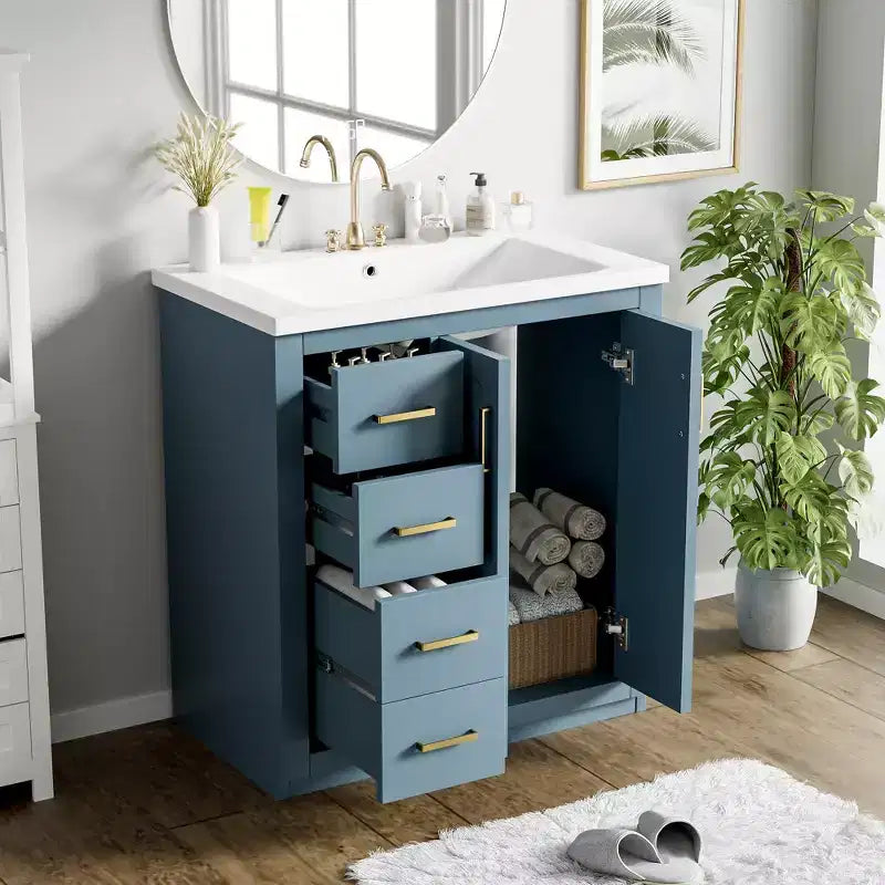 Meuble-lavabo de salle de bains de 30 po à lavabo simple, avec armoire et 3 tiroirs – noir / bleu / vert / indigo / blanc